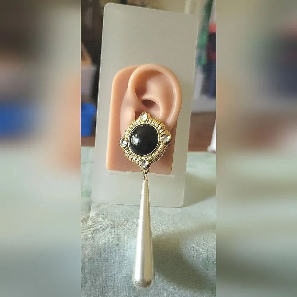 Elegant Black and Gold Drop Earrings (Clip-on)